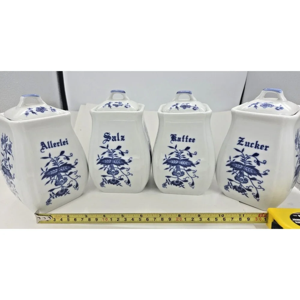 German Vtg Blue Onion Canister Set Of 4 Ceramic Allerlei Mehl Salz Zucker